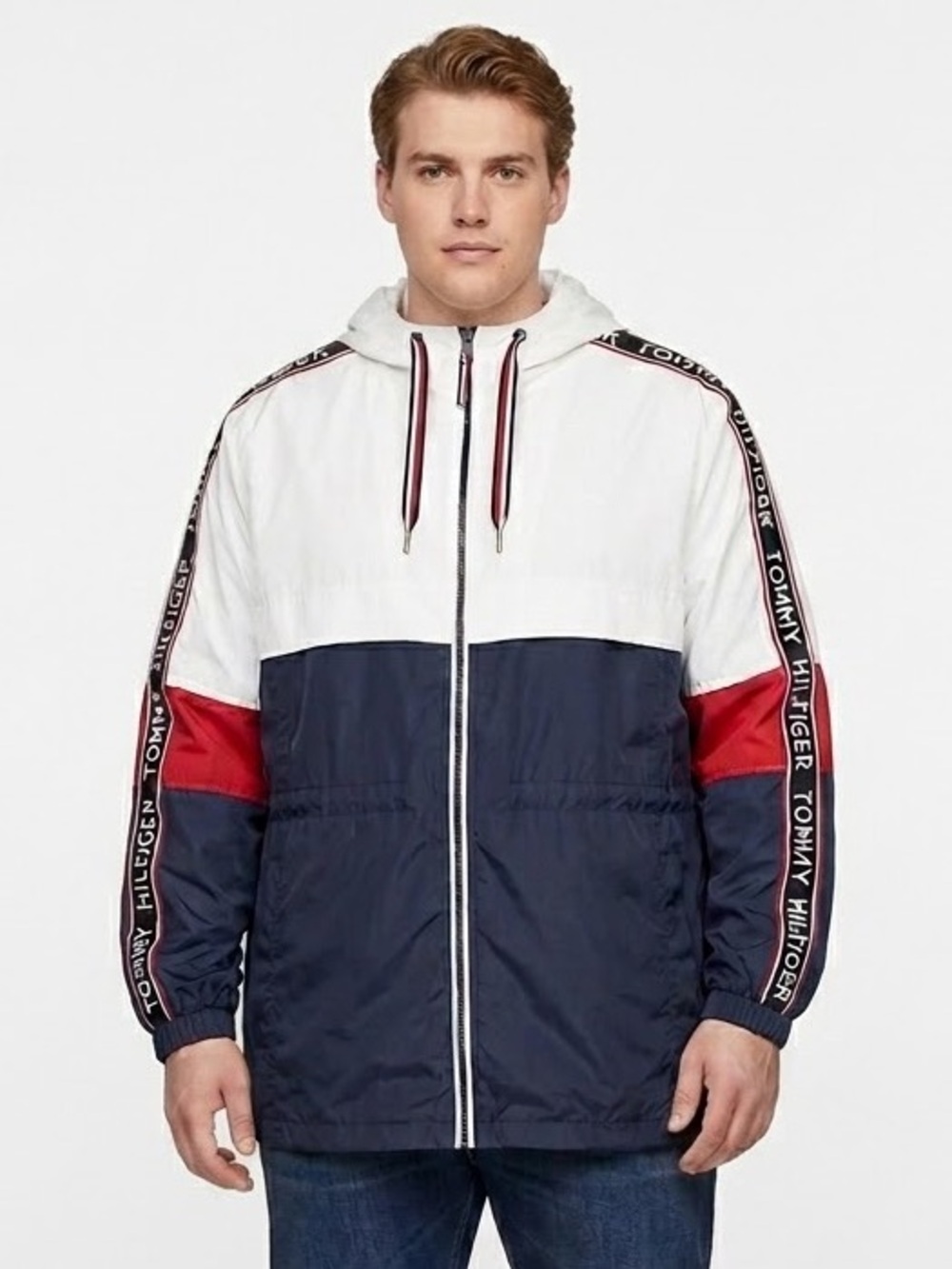Tommy Hilfiger Colorblock Hooded Windbreaker in White, Navy & Red